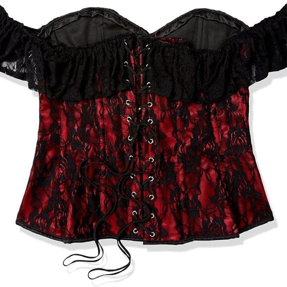 Plus 5X Red Satin Black Lace Goth Rennesaince Vampire Burlesque Overbust Corset - Picture 9 of 9